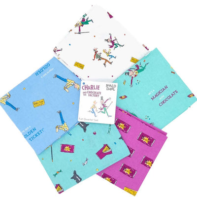 A cotton fat quarter bundle featuring Charlie and the Chocolate Factory illustrations