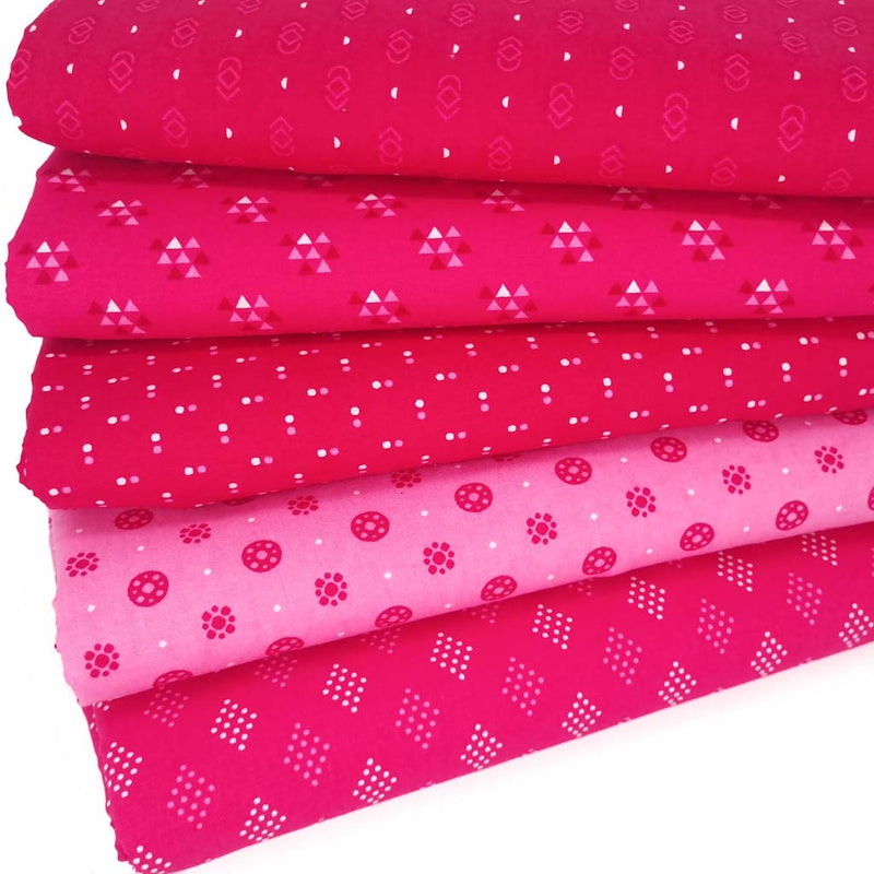 A fat quarter bundle selection of pink prints on 100% cotton fabrics.