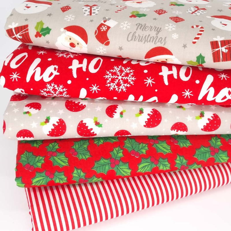 Christmas Fat Quarter Bundle - Santa & Holly - Polycotton