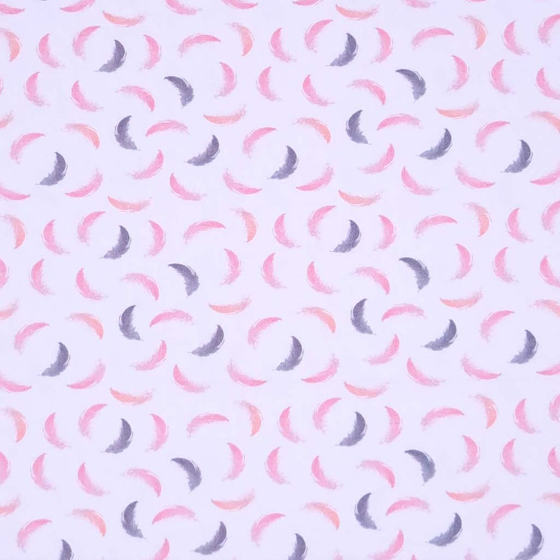 Pink and grey feathers printed on a white cotton jersey fabric