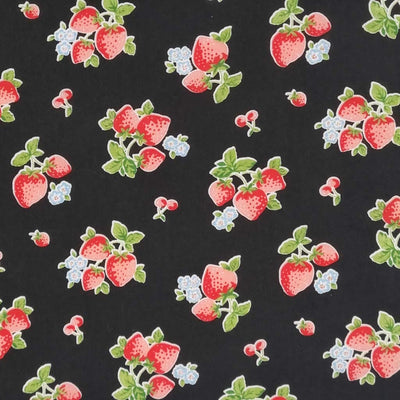 Pretty ripe, red strawberries with green stalks are printed on a good quality, cotton rich, black polycotton fabric