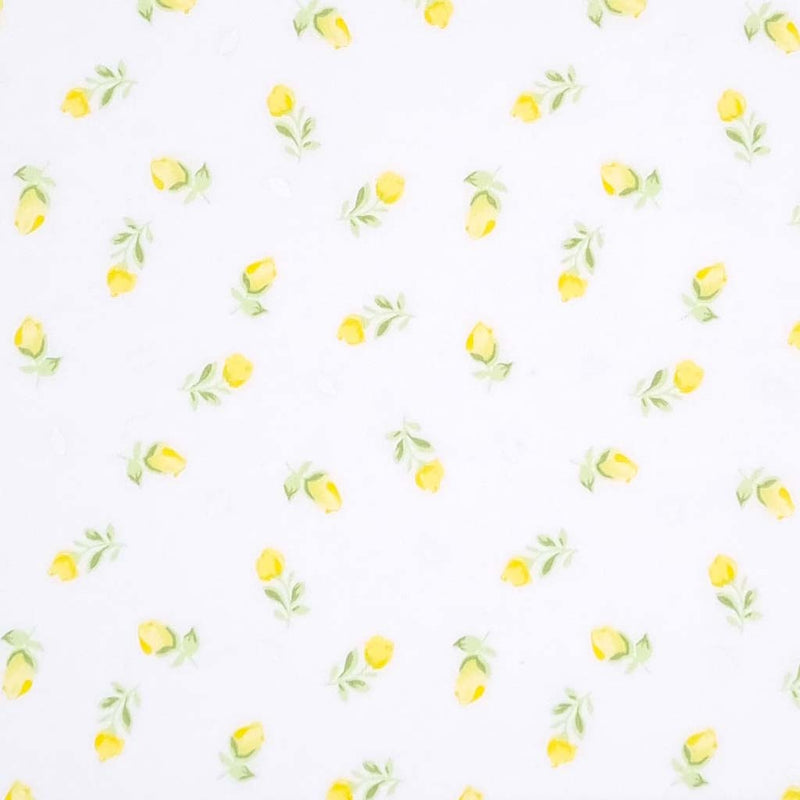 A small and delicate lemon yellow baby rose printed on a quality white polycotton fabric.