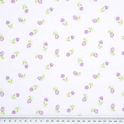 A delicate baby rose in lilac printed on a quality white polycotton fabric with a cm ruler
