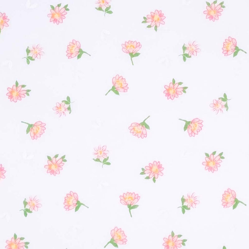 Pink delicate daisies printed on a white polycotton fabric