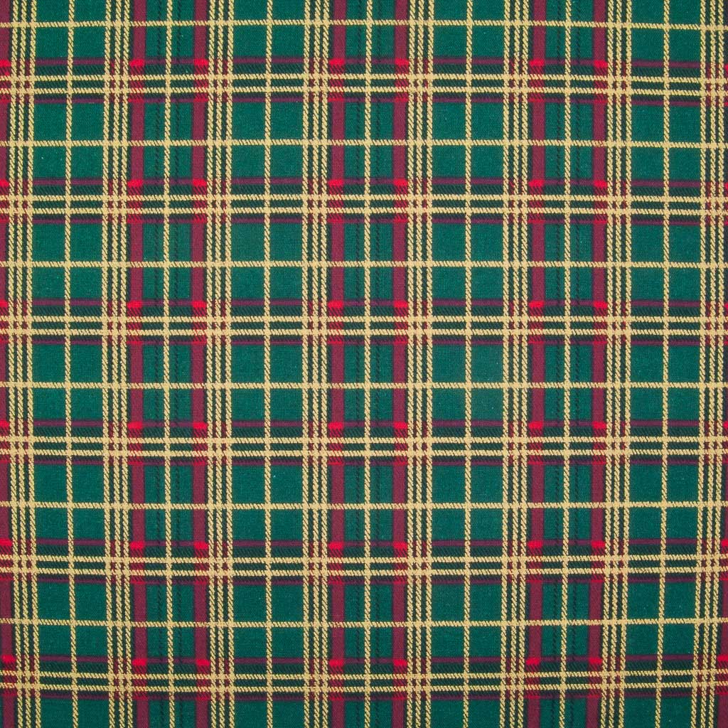 A medium sized gold lacquered and red tartan check on a green cotton fabric