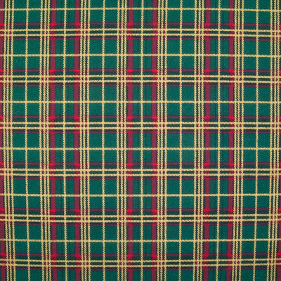 A medium sized gold lacquered and red tartan check on a green cotton fabric