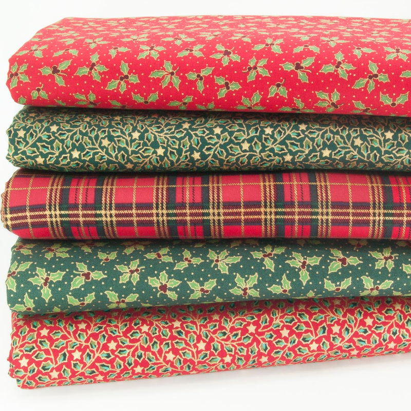 5 fat quarters in a christmas bundle with holly and tartan in red and green colourways