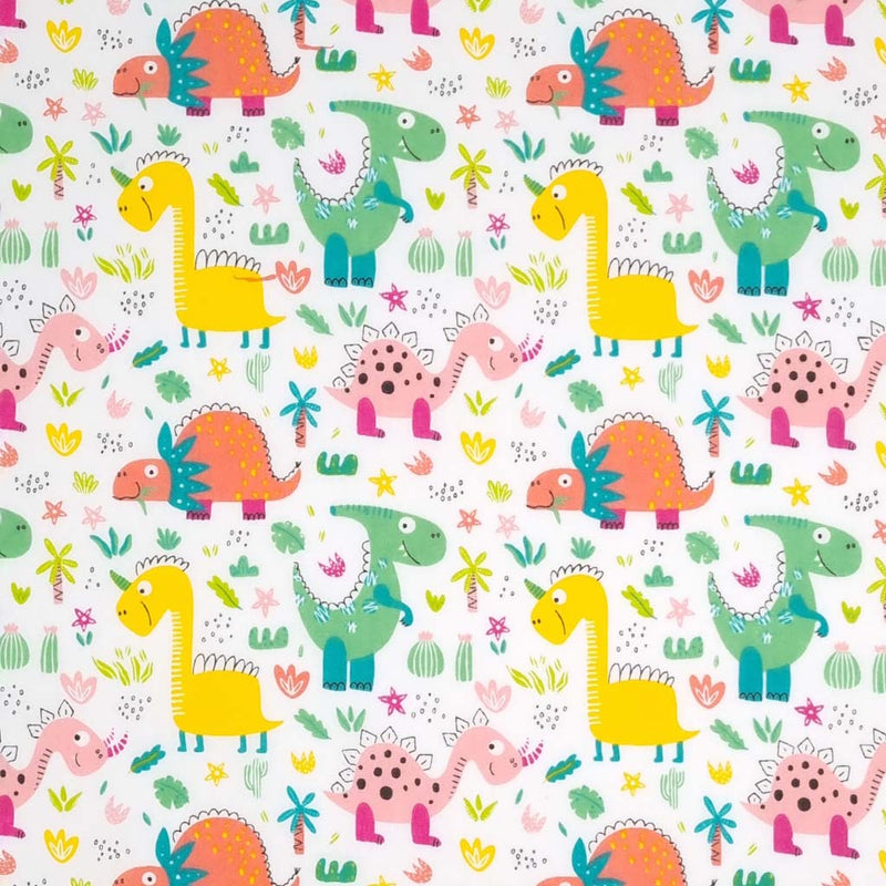 Friendly colourful dinosaurs are printed on a white polycotton fabric. 