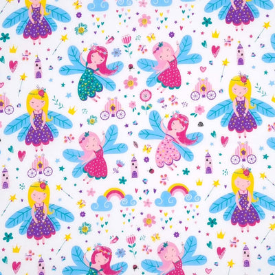Flying and dancing fairies with colourful rainbows, flowers and carriages are printed on a white polycotton fabric.