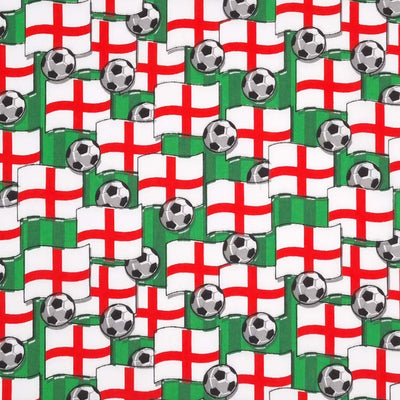 Footballs and England flags are scattered over a football pitch printed on polycotton fabric. 