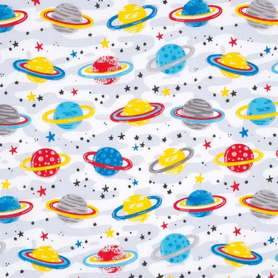 Brightly coloured planets with milky way stars printed on a white polycotton fabric. 