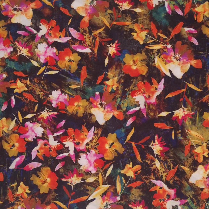 Orange and red leaves are printed on a viscose radiance fabric