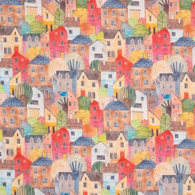Colourful townhouses printed on a quality 100% cotton fabric by Little Johnny