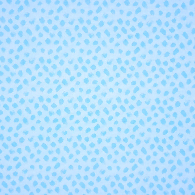 Blue paint dabs are printed on a sky blue 100% cotton fabric