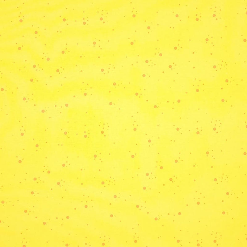 Orange speckled spots printed on a yellow, 100% cotton fabric