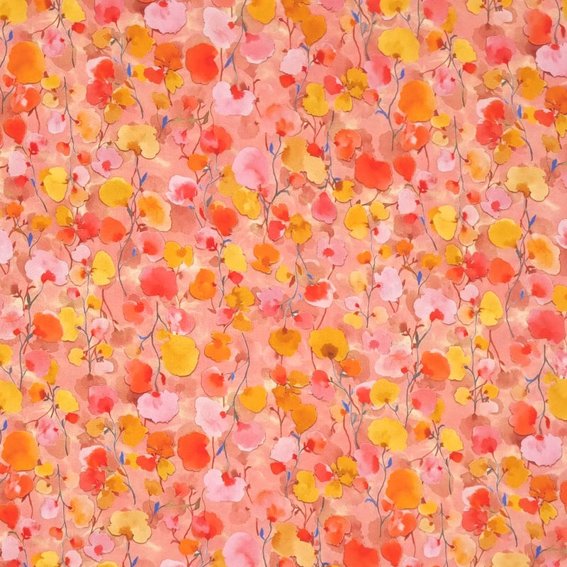 Various shades of pink petals printed on a viscose fabric