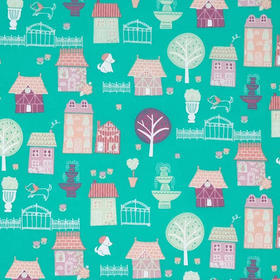 A quaint town scene around the houses with dogs, trees and fountains, all printed on a quality, green polycotton fabric