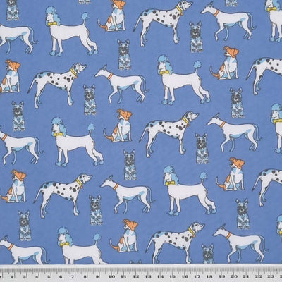 Poodles, dalmatians and terriers appear on this pet lovers polycotton fabric print on blue with a cm ruler