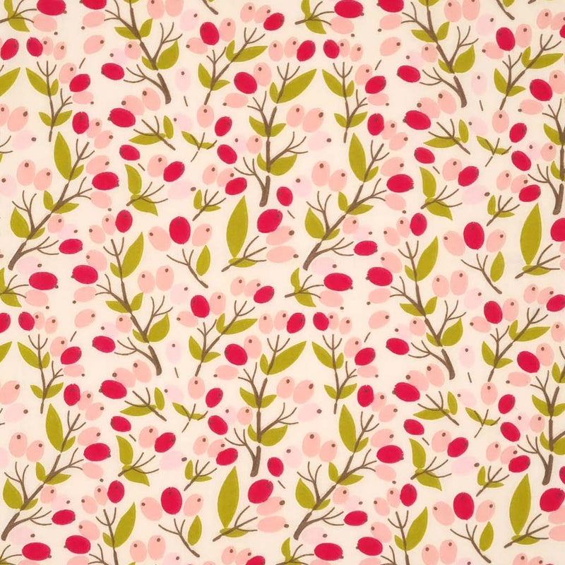 A floral design with cerise and pink berries printed on a cream polycotton fabric