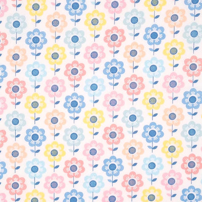 A retro pastel floral design printed on a white polycotton fabric