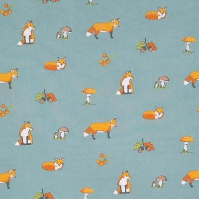 Foxes and toadstools with acorns and berries are printed on a quality, sage green polycotton fabric