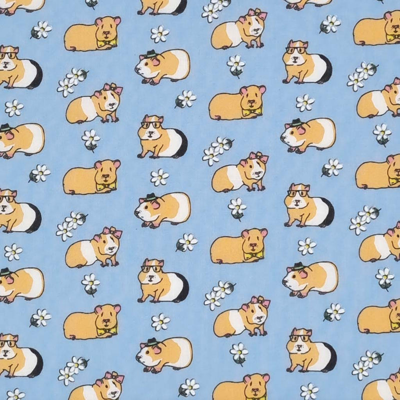 Guinea pigs sporting bow ties, glasses, hair bows and hats are printed on a quality sky blue polycotton fabric