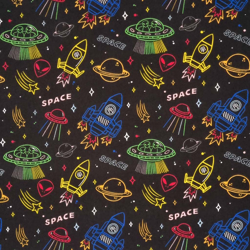Multi-coloured planets, space rockets, aliens and stars printed on a black polycotton fabric. 