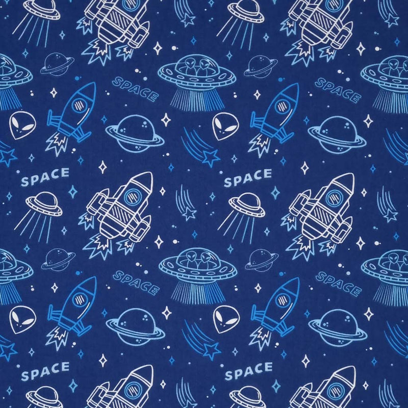 White and blue planets, space rockets, aliens and stars printed on a blue polycotton fabric. 