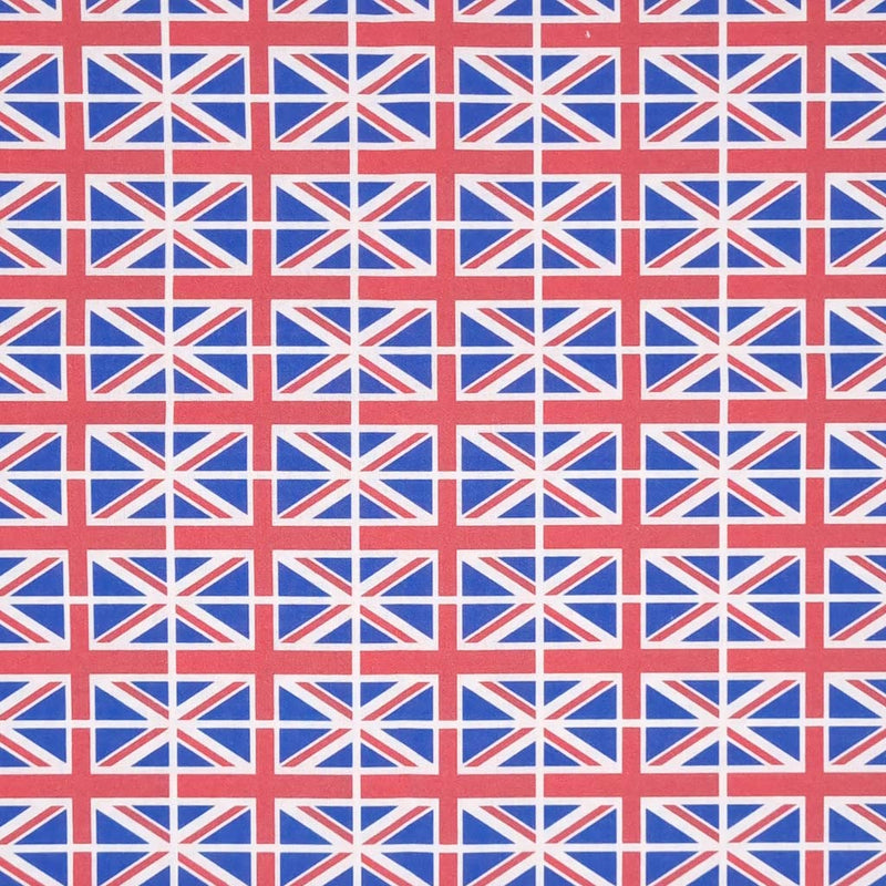 Small union jack flags are printed on a 100% cotton fabric