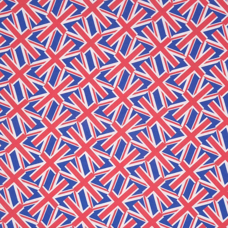 Small tossed union jack flags printed on a 100% cotton fabric
