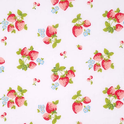 Red strawberries are printed on a white polycotton fabric