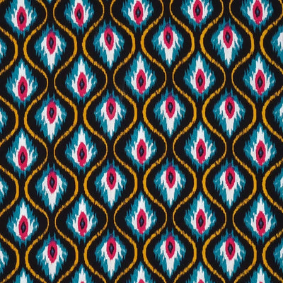 A vibrant teal and cerise fire design on a cotton rayon mix fabric