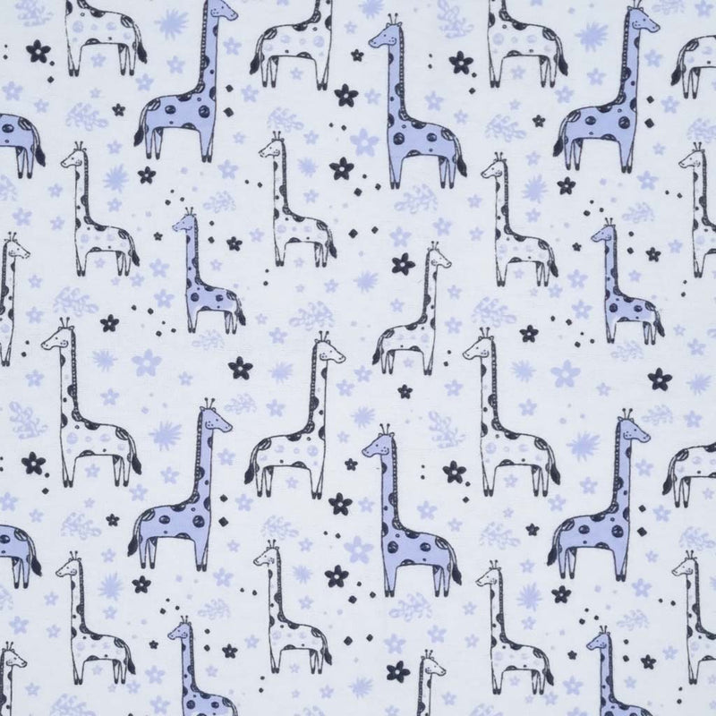Blue giraffes are printed on a brushed cotton winceyette fabric