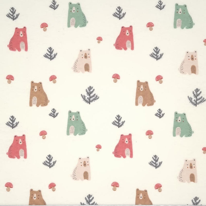 A cute forest bear design, printed on a soft brushed polycotton winceyette in cream.