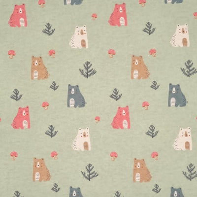 A cute forest bear design, printed on a soft brushed polycotton winceyette in light sage green. 