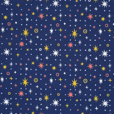 Sparkle stars on yellow and white printed on a navy, soft brushed polycotton winceyette.