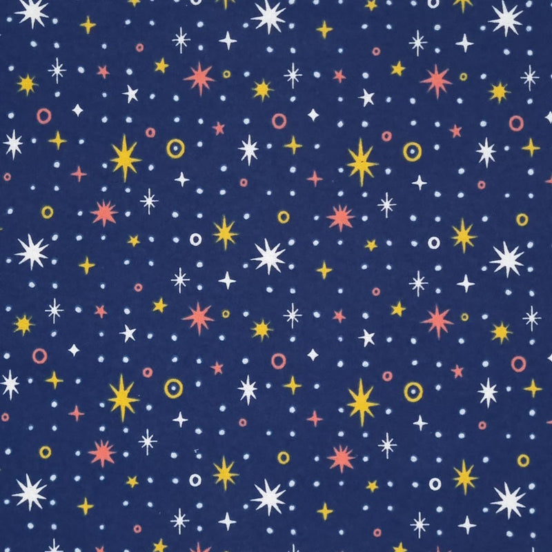 Sparkle stars on yellow and white printed on a navy, soft brushed polycotton winceyette.
